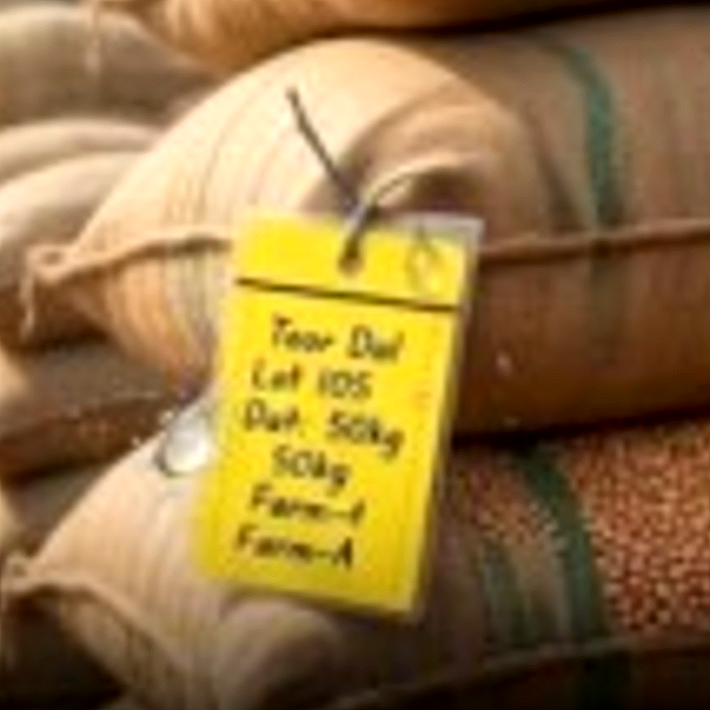 Self-laminating tag on grain sacks